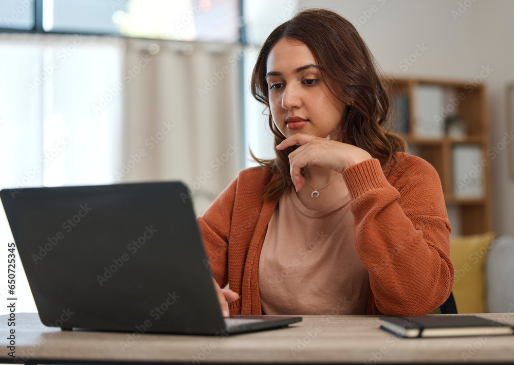 Poster woman, laptop and reading with remote work from home, idea or thinking for web design job at desk. f