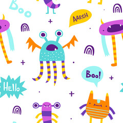 Seamless pattern with colorful monsters. Abstract vector print with naive monsters for kids textile.