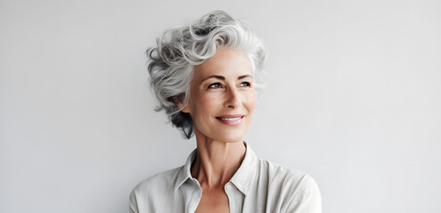 Beautiful mature elderly woman portrait isolated on light grey background - obrazy, fototapety, plakaty