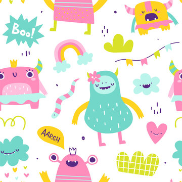 Cute girly pattern with funny pink monsters. Seamless vector print with abstract monster girls for baby textile.