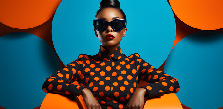 Fashionable glamour African black woman in sunglasses portrait isolated on blue and orange background