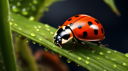 Fototapeta premium Macro shot of a ladybug crwaling on a freshly sprouted green leaf highlighting small water drops in the detailed shot