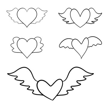 Heart with wings, hand drawn line drawing on isolate on transparent background PNG file