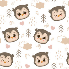 Seamless pattern with cute cartoon owl. Head owlet. Hand drawn forest background with clouds, hearts and tree. Vector