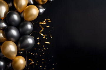 Gold and black balloons on black background
