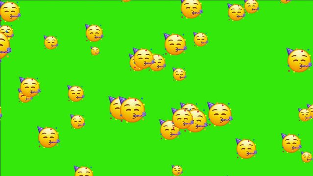 Emoticon with party horn and hat, celebrating. Animated falling emojis. Social media icons symbol animation with green screen background.