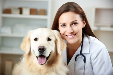 female veterinarian and a golden retriever