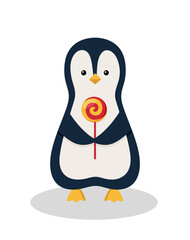 Cute cartoon penguin holding a lollipop on a stick. Vector illustration of a funny animal. Holiday concept.