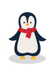 Cute cartoon penguin in a warm red scarf. Vector illustration of the concept of winter holidays, New Year and Christmas.
