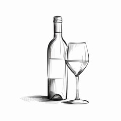 A bottle and a glass of wine illustration, simple sketch, silhouette on white background, doodle minimalistic style