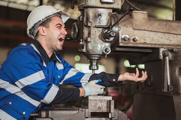 Worker serious accident arm injury from old unsafety machine in heavy industry workplace shout need...