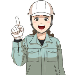 The facial expression of a female maintenance staff raising her index finger, wearing a safety helmet and gloves
