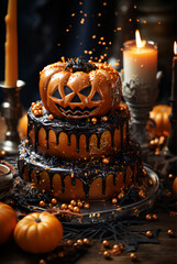 cake decorated in halloween style, on a table in a modern kitchen, in the style of atmospheric and dreamy