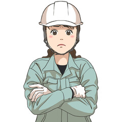 The facial expression of a female maintenance staff in a bad temper, with her arms crossed, wearing a safety helmet and gloves