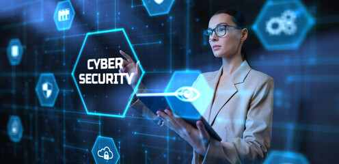 Cyber security data protection information privacy. Young business woman pressing button on virtual screen.