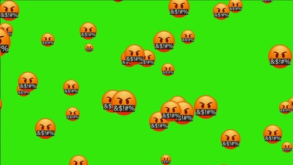 Angry swearing emoji. Emoticon with swear words censored by grawlix symbols. Angry red face. Animated falling emojis. Social media icons symbol animation with green screen background.