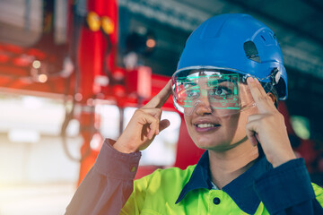 Engineer women using visual VR glasses innovation in advance engineering technology industry working support device