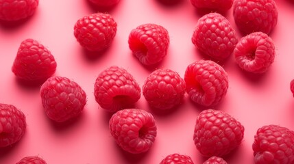 Ripe raspberries scattered on a pink background