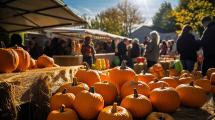 Vibrant display of ripe orange pumpkins at a local autumn market stall. Perfect background for festive events like Halloween and Thanksgiving. Concept of fall traditions and seasonal celebrations