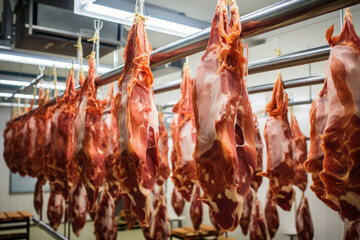 Meat processing plant. Hanging meat in the production hall. The arrival of jamon or cold cuts. Natural fresh meat product. Production of pork or beef at the enterprise.