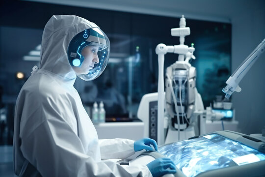 Photo of a person in a white lab coat and mask