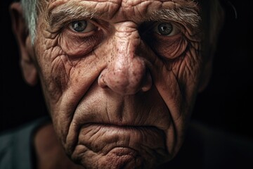 Portrait of grumpy elderly man frowning and looking at camera. Face of senior old man close-up.