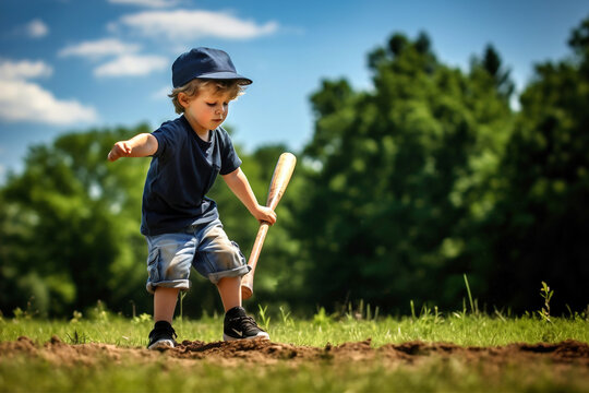 Photo of a young boy confidently holding a baseball bat on a sunny field