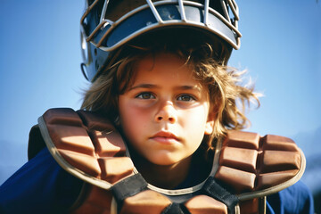 Fototapeta premium Photo of a young boy ready to catch a baseball with his catcher's mitt and helmet on