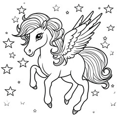 Pegasus with rainbow and stars coloring book page for kids, Coloring pages vector