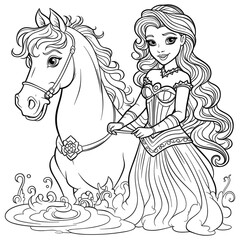 Pegasus with rainbow and stars coloring book page for kids, Coloring pages vector