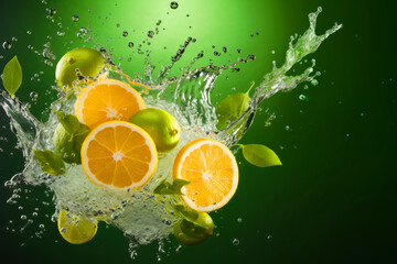 Fresh lemon slices and citrus lime with water splashes on green background banner