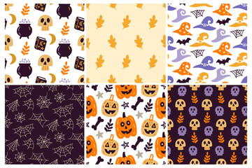 Halloween Cute Vector Seamless Pattern Texture Set