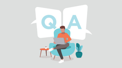 Vector illustration of someone sitting with her laptop on a sofa – concept questions and answers
