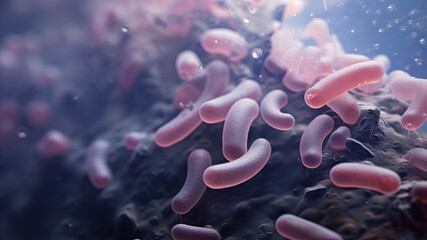 Legionella pneumophilia bacteria in water, causing Legionnaires' disease, medically 3D illustration, generative AI - obrazy, fototapety, plakaty