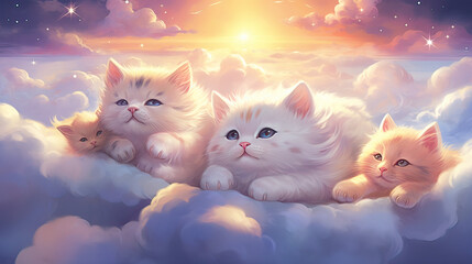 Cats floating on fluffy clouds, with tails that shimmer like shooting stars.  AI generative