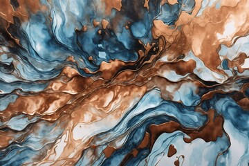 Serenade in Brown and Blue: Abstract Liquid Art. Pastel Liquid Symphony: Light Brown and Blue Abstract Art - obrazy, fototapety, plakaty