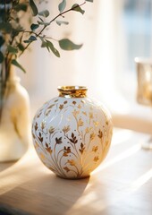 close up perfect hand-painted gold-plated ceramic flower pot or vase in white scandi interior
