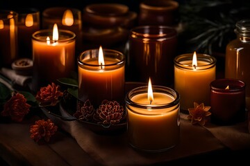 candles, A set of different aroma candles in brown glass jars. 