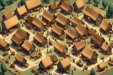 isometric illustration of a medieval town with buildings and people in the streets virtual land world or game concept - obrazy, fototapety, plakaty