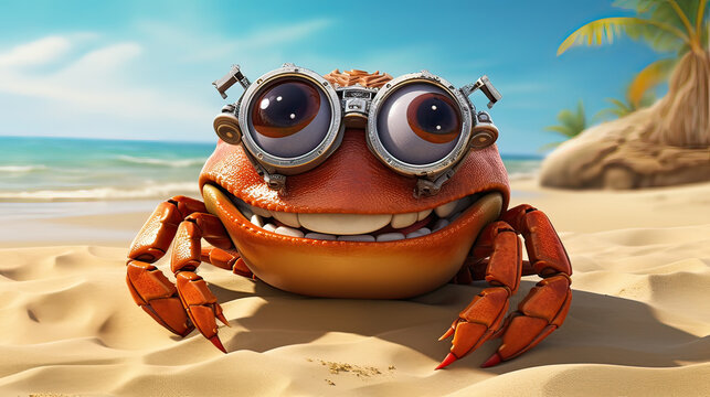 Cheeky crab with a pirate's eye-patch on a sandy beach.   AI generative