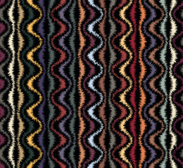 Seamless repeating pattern. Embroidered multicolor wavy stripes on a black background. Geometric striped ornament. Vintage style texture. Vector image.