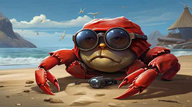 Cheeky crab with a pirate's eye-patch on a sandy beach. AI generative