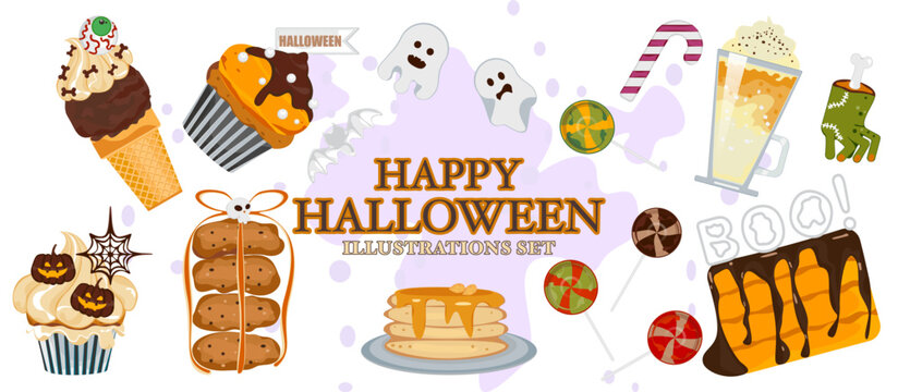 Set of cakes, sweets, donuts, ice cream, candy, toffee, Halloween, and fancy Halloween elements. Scary desserts: ghosts, pumpkins, bones, skulls, bats, and spiders are decorated. Vector illustration.
