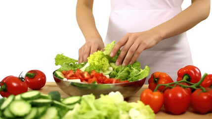 Close-up of women's hands preparing a healthy salad of fresh vegetables. Creative concept of healthy food delivery of daily rations.
