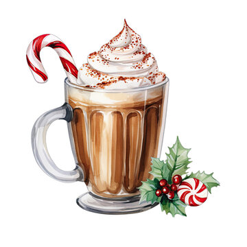 Peppermint Mocha coffee drink, fancy milkshake for Christmas. Watercolor illustration