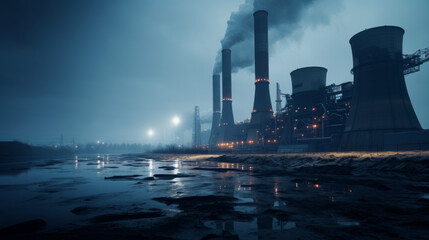 A bustling coal-fired power plant, producing electricity from coal combustion