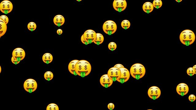Dollar eyes emoji. Money face emoticon with green tongue. Yellow face emoji. Animated falling emojis. Social media icons symbol animation with green screen background.
