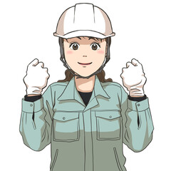 The facial expression of a female maintenance staff energized and motivated, wearing a safety helmet and gloves
