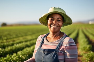 smiling portrait of a middle aged old african american woman working on a farm field - obrazy, fototapety, plakaty