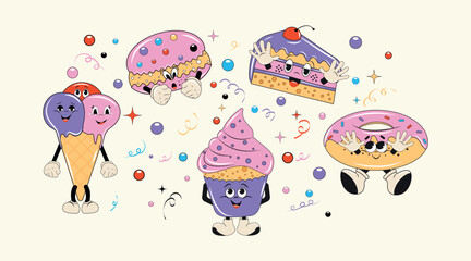 A set of funny, colorful, cartoon characters. Ice cream, cupcake, donut, cake, cookies, croissant on a light background in the style of a groovy. Retro design